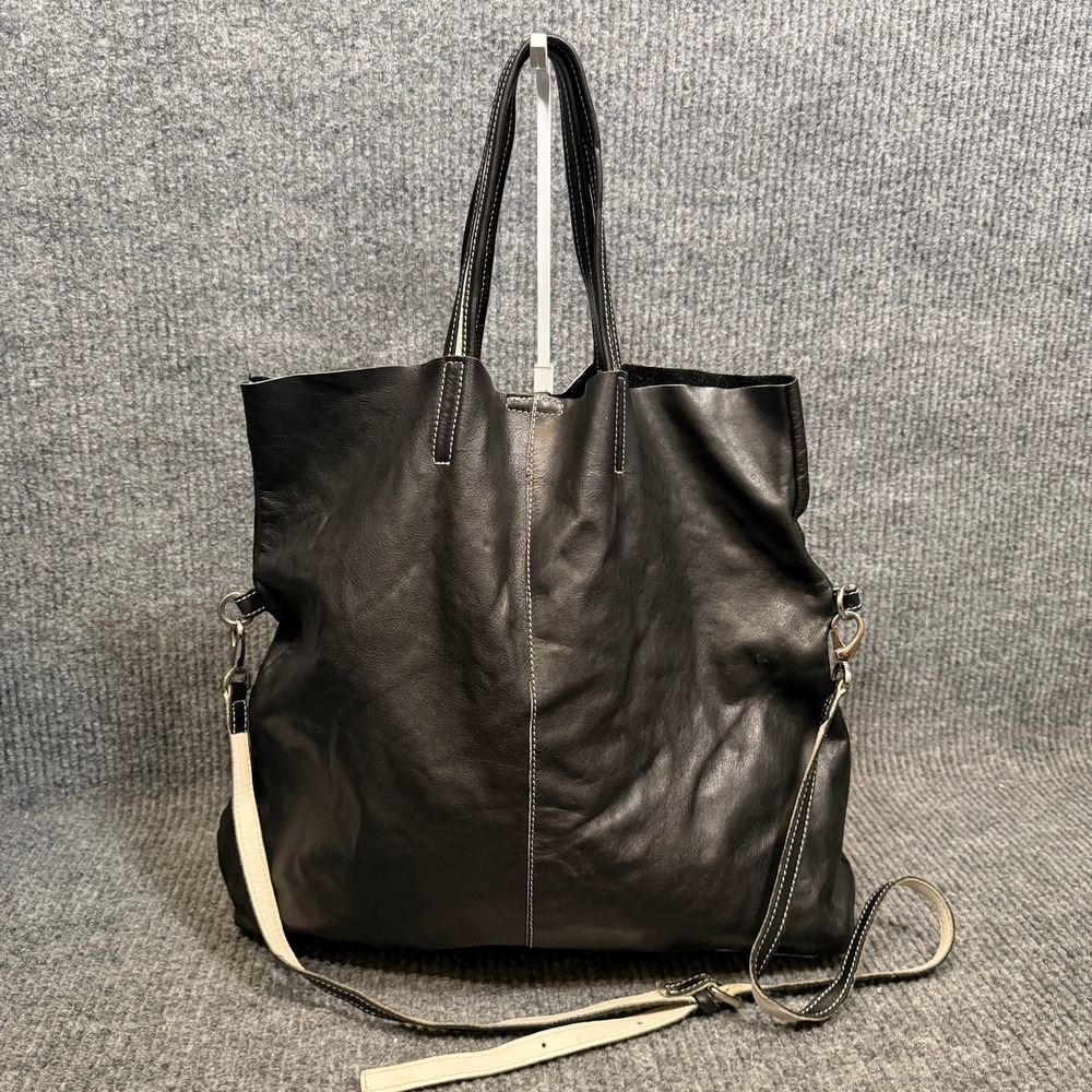 Y2K Asla Bellucci Italian Leather Tote Bag Black Slouchy Boho Contrast Stitch
